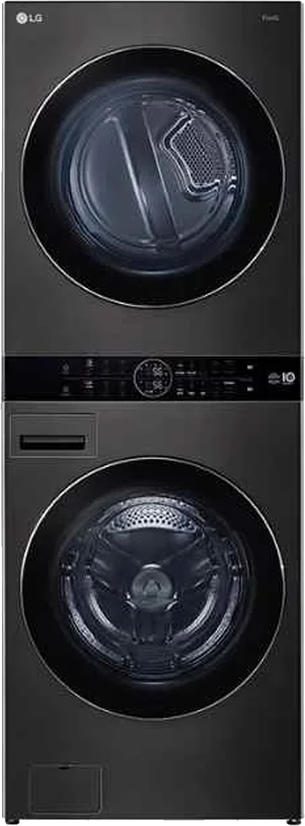 LG front load washer dryer combo in black stainless steel